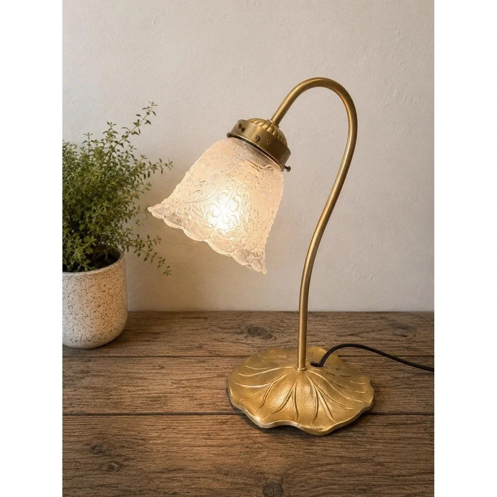 VTG Art Nouveau Brass Style Gooseneck Lily Pad Desk Lamp Ornate Frosted Shade